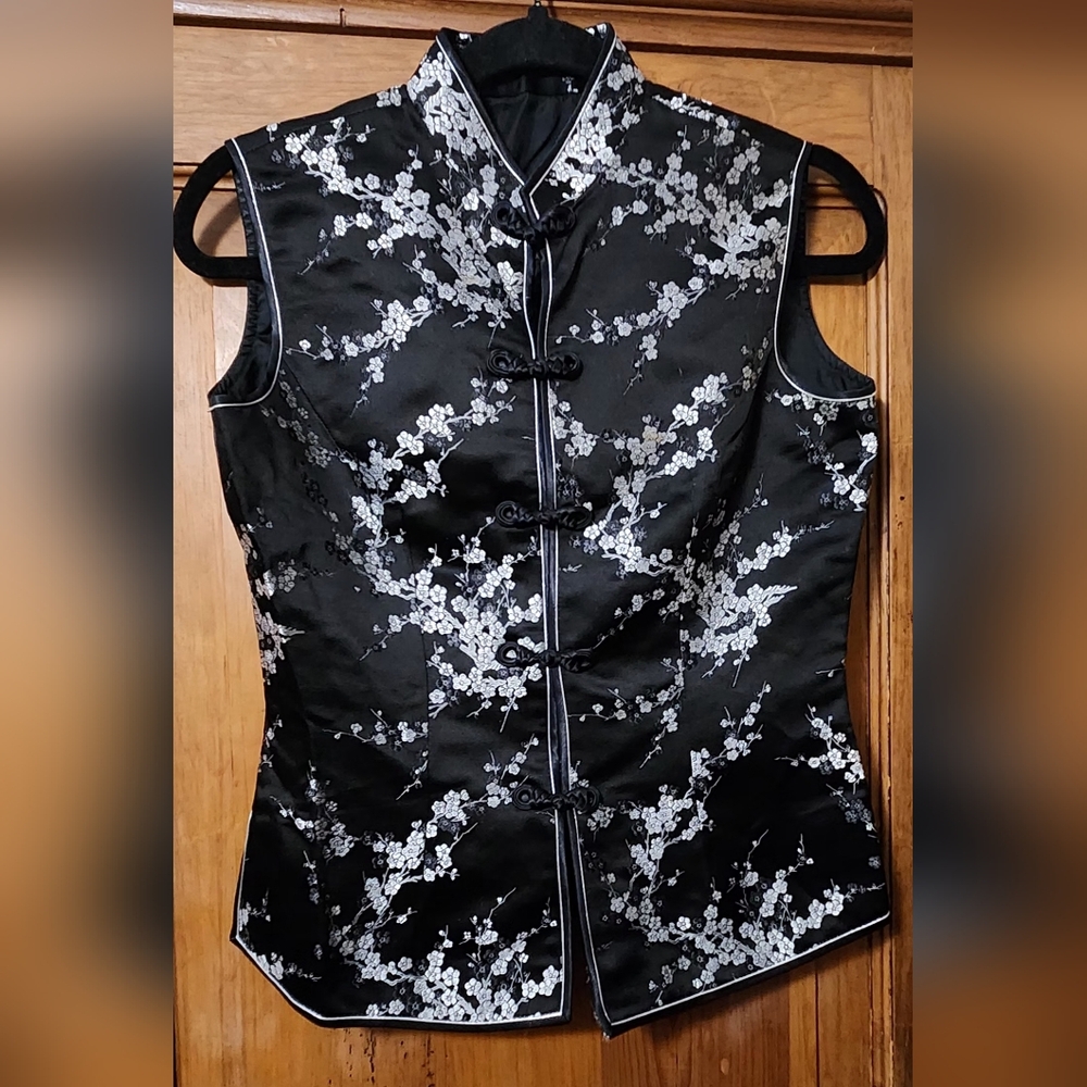 Chinese Cheongsam inspired Black Vest, pit to pit 18.5" (width 37"), length 21"
